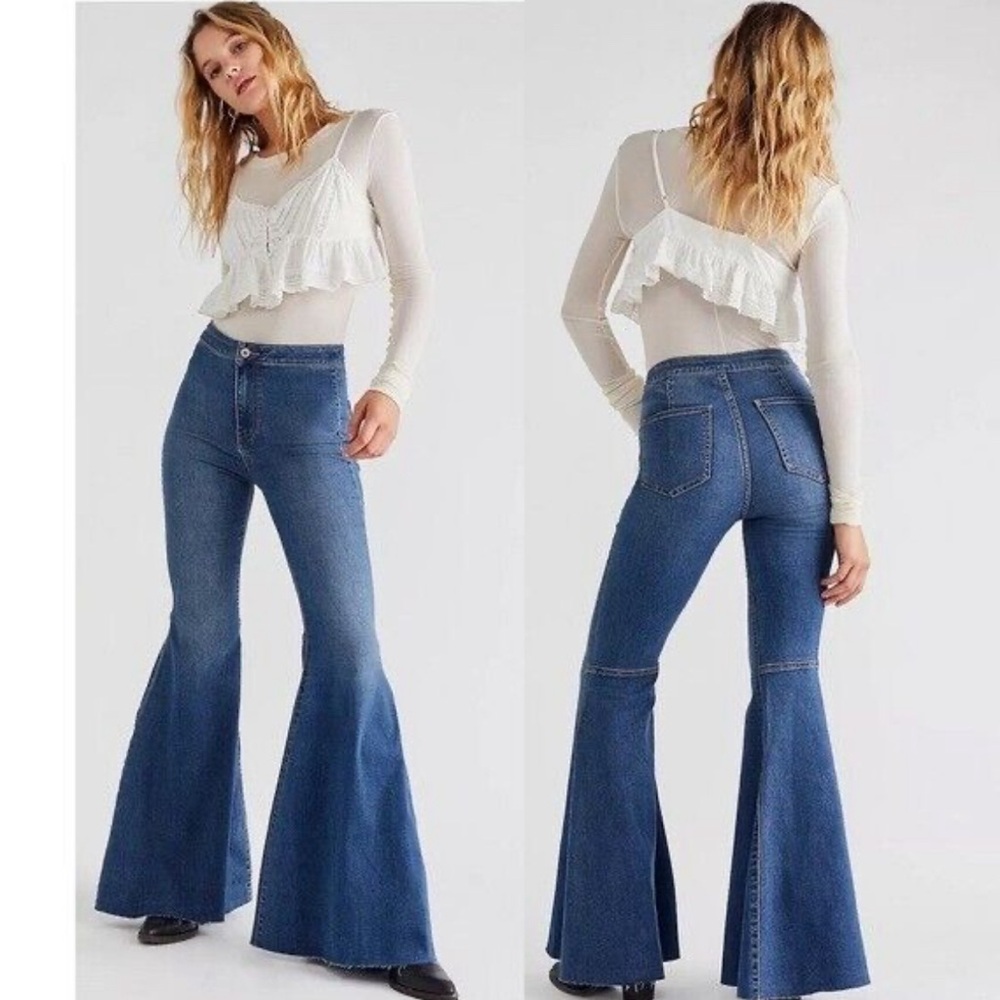 We The Free Blue Flare Wide Leg Jeans with Vintage Appeal